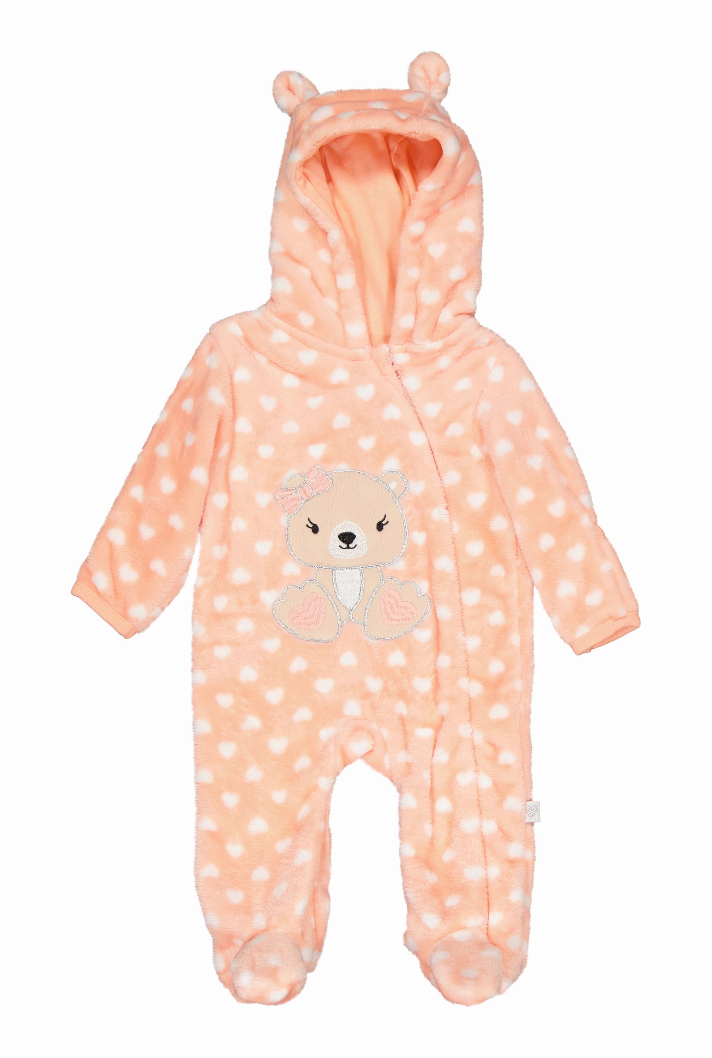 Baby Girls 0-9M Plush Heart Print Zip Front Bear Graphic Hooded Jumpsuit