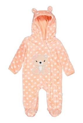 Baby Girls 0-9M Plush Heart Print Zip Front Bear Graphic Hooded Jumpsuit