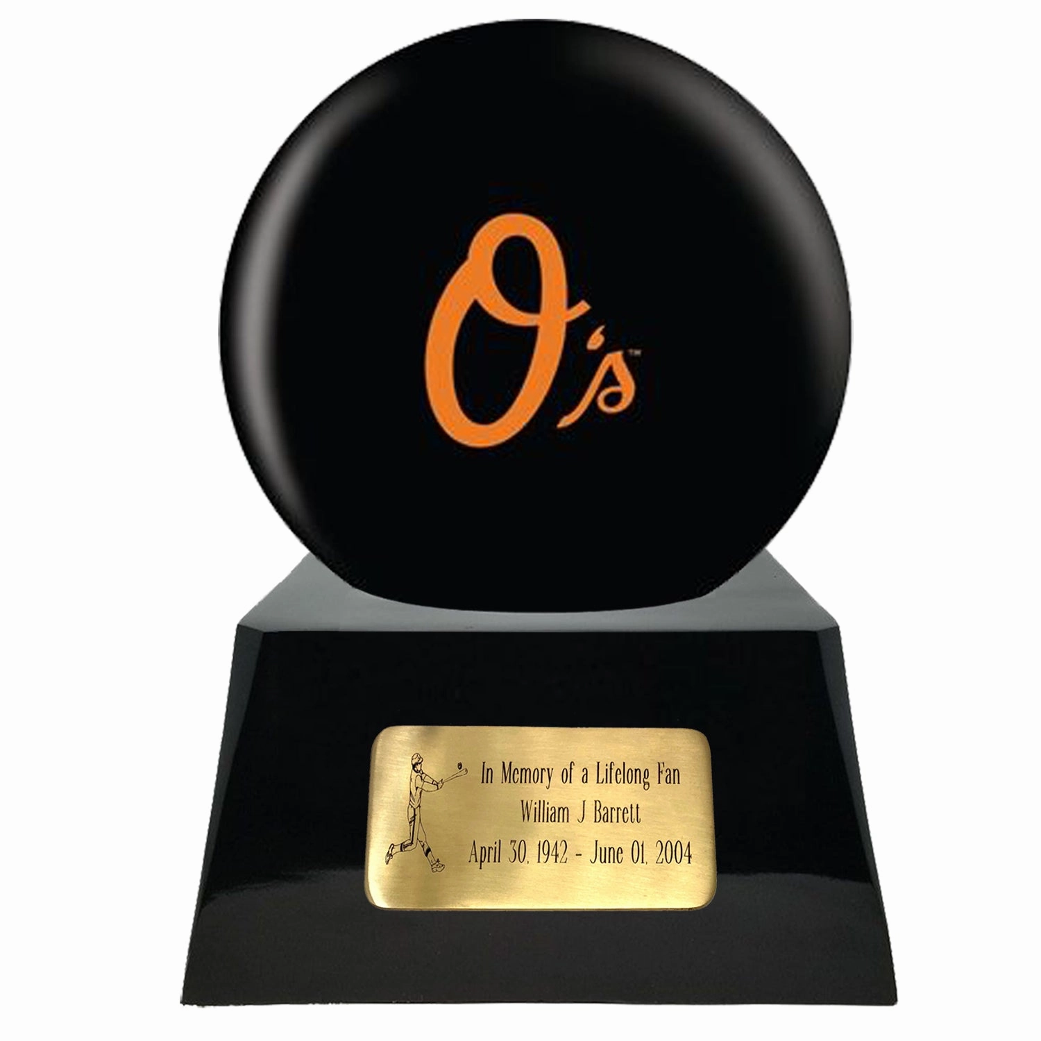 Baseball Cremation Urn with Optional Baltimore Orioles Ball Decor and Custom Metal Plaque