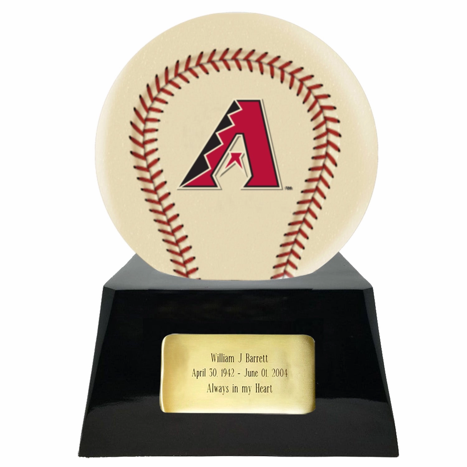 Baseball Cremation Urn with Optional Ivory Arizona Diamondbacks Ball Decor and Custom Metal Plaque