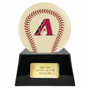 Baseball Cremation Urn with Optional Ivory Arizona Diamondbacks Ball Decor and Custom Metal Plaque