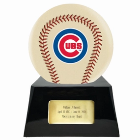 Baseball Cremation Urn with Optional Ivory Chicago Cubs Ball Decor and Custom Metal Plaque