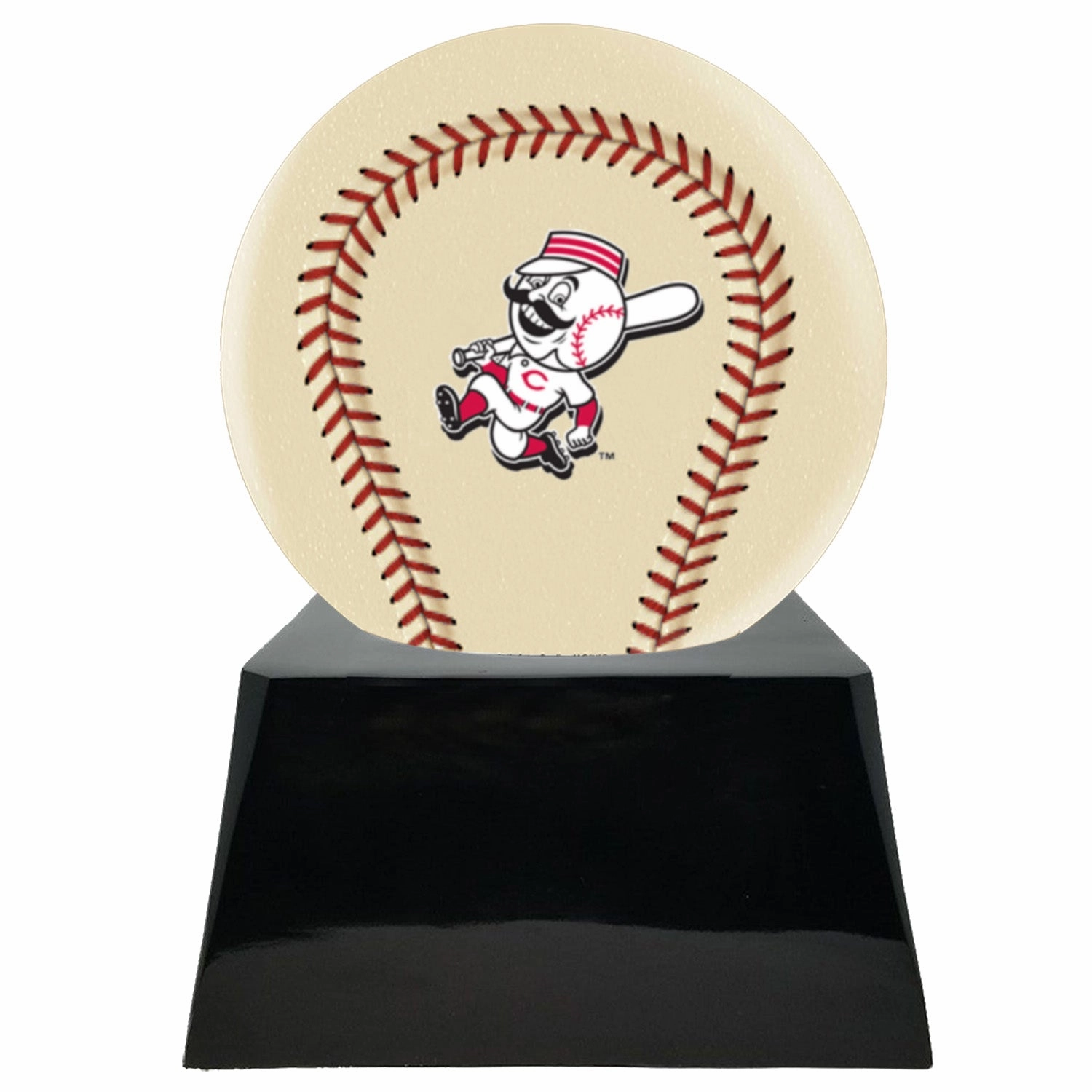 Baseball Cremation Urn with Optional Ivory Cincinnati Reds Ball Decor and Custom Metal Plaque