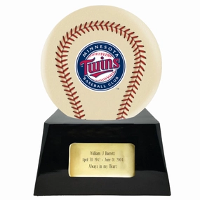 Baseball Cremation Urn with Optional Ivory Minnesota Twins Ball Decor and Custom Metal Plaque
