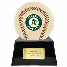 Baseball Cremation Urn with Optional Ivory Oakland Athetics Ball Decor and Custom Metal Plaque