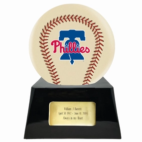 Baseball Cremation Urn with Optional Ivory Philadelphia Phillies Ball Decor and Custom Metal Plaque