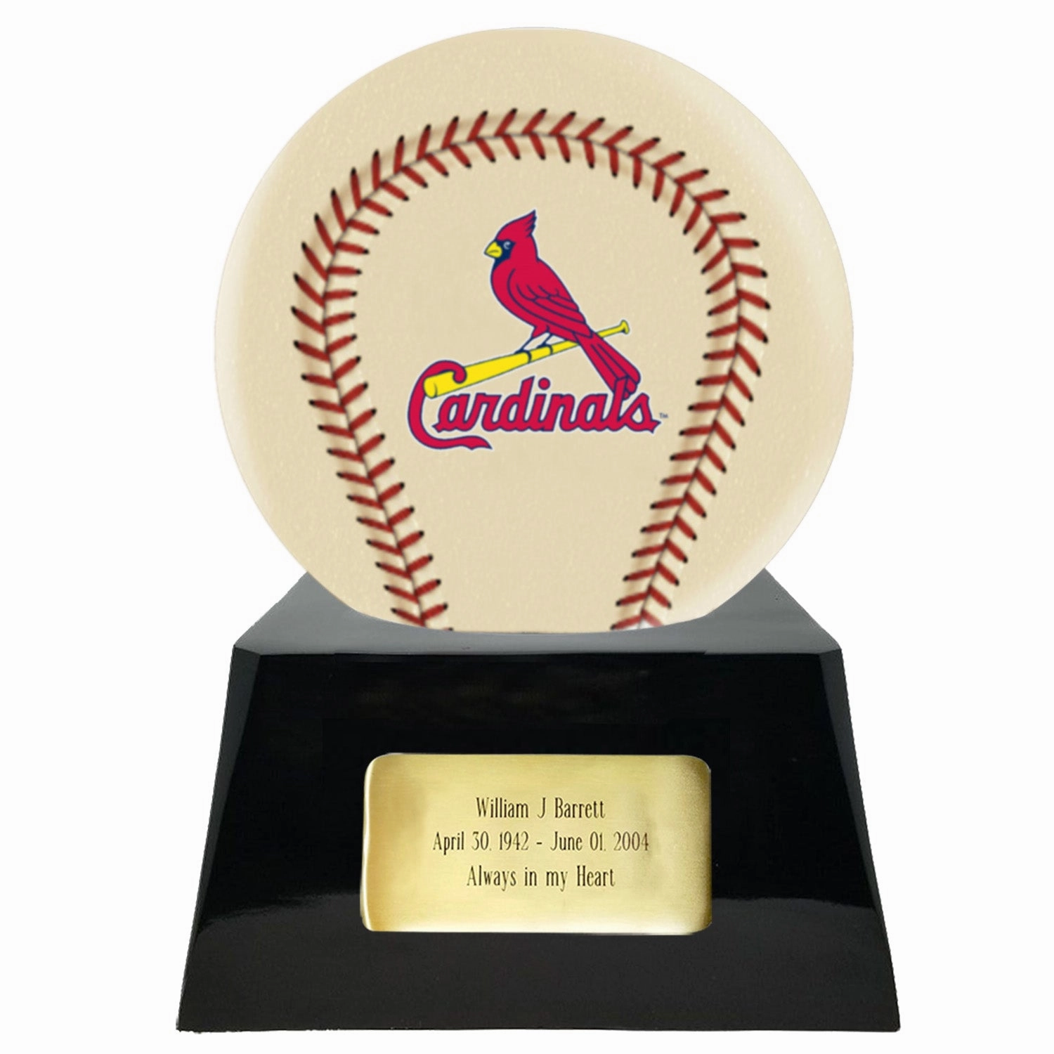Baseball Cremation Urn with Optional Ivory St. Louis Cardinals Ball Decor and Custom Metal Plaque