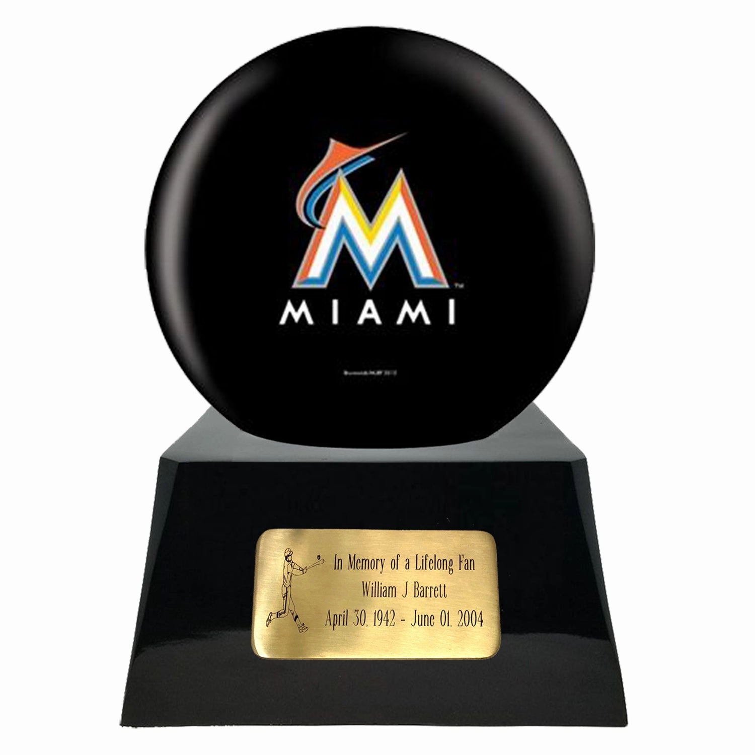 Baseball Cremation Urn with Optional Miami Marlins Ball Decor and Custom Metal Plaque