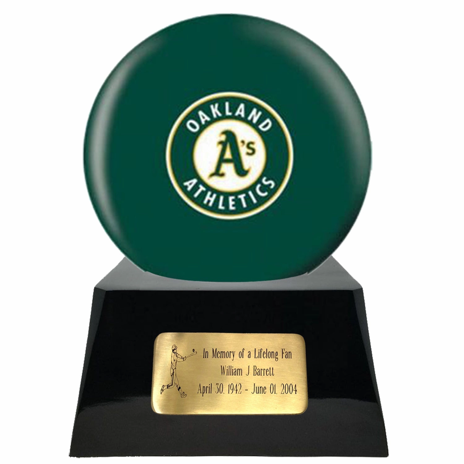 Baseball Cremation Urn with Optional Oakland Athletics Ball Decor and Custom Metal Plaque