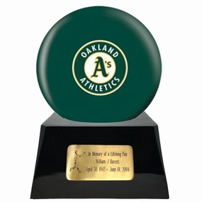 Baseball Cremation Urn with Optional Oakland Athletics Ball Decor and Custom Metal Plaque