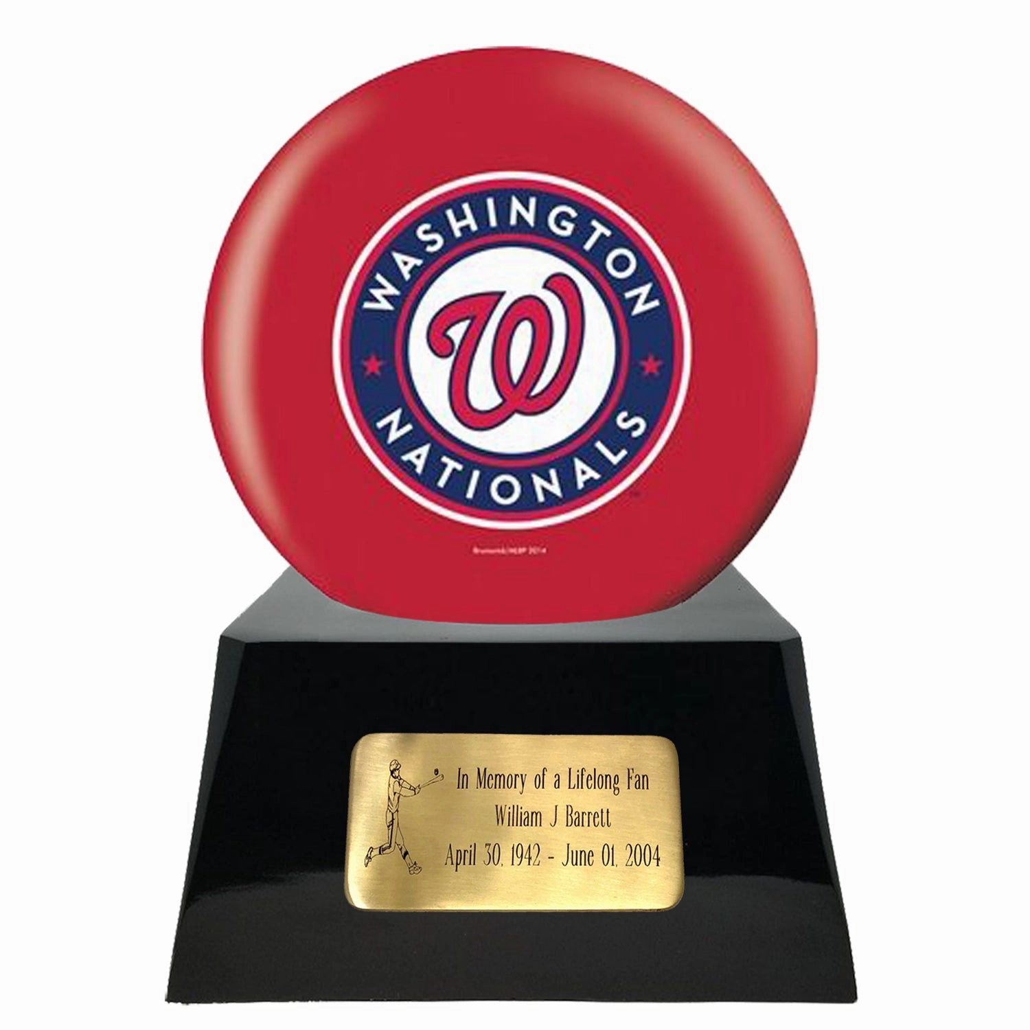 Baseball Cremation Urn with Optional Washington Nationals Ball Decor and Custom Metal Plaque