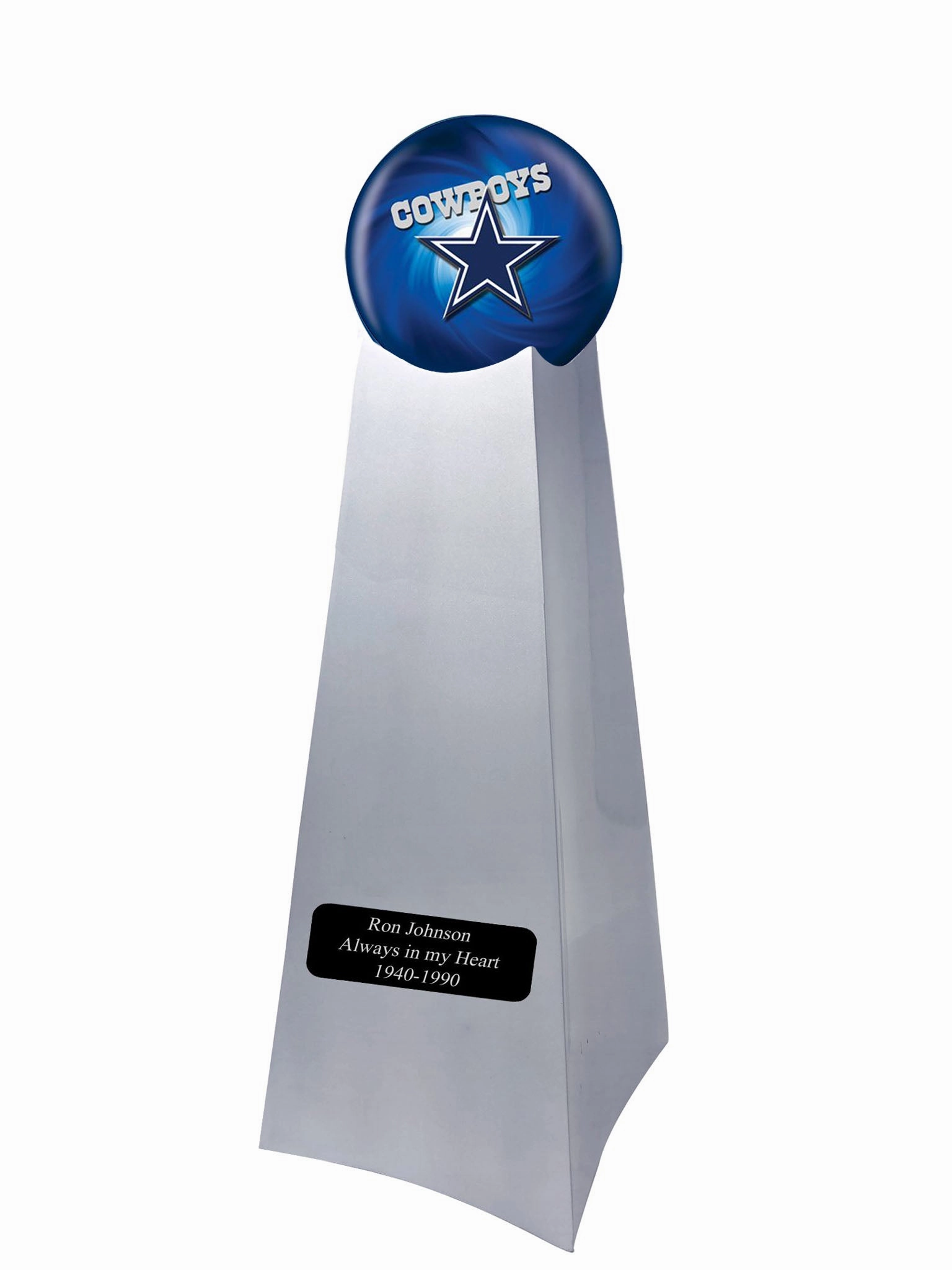 Championship Trophy Cremation Urn with Optional Football and Dallas Cowboys Ball Decor and Custom Metal Plaque
