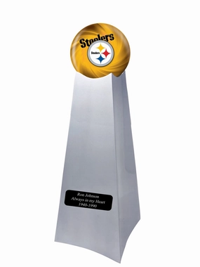 Championship Trophy Cremation Urn with Optional Football and Pittsburgh Steelers Ball Decor and Custom Metal Plaque