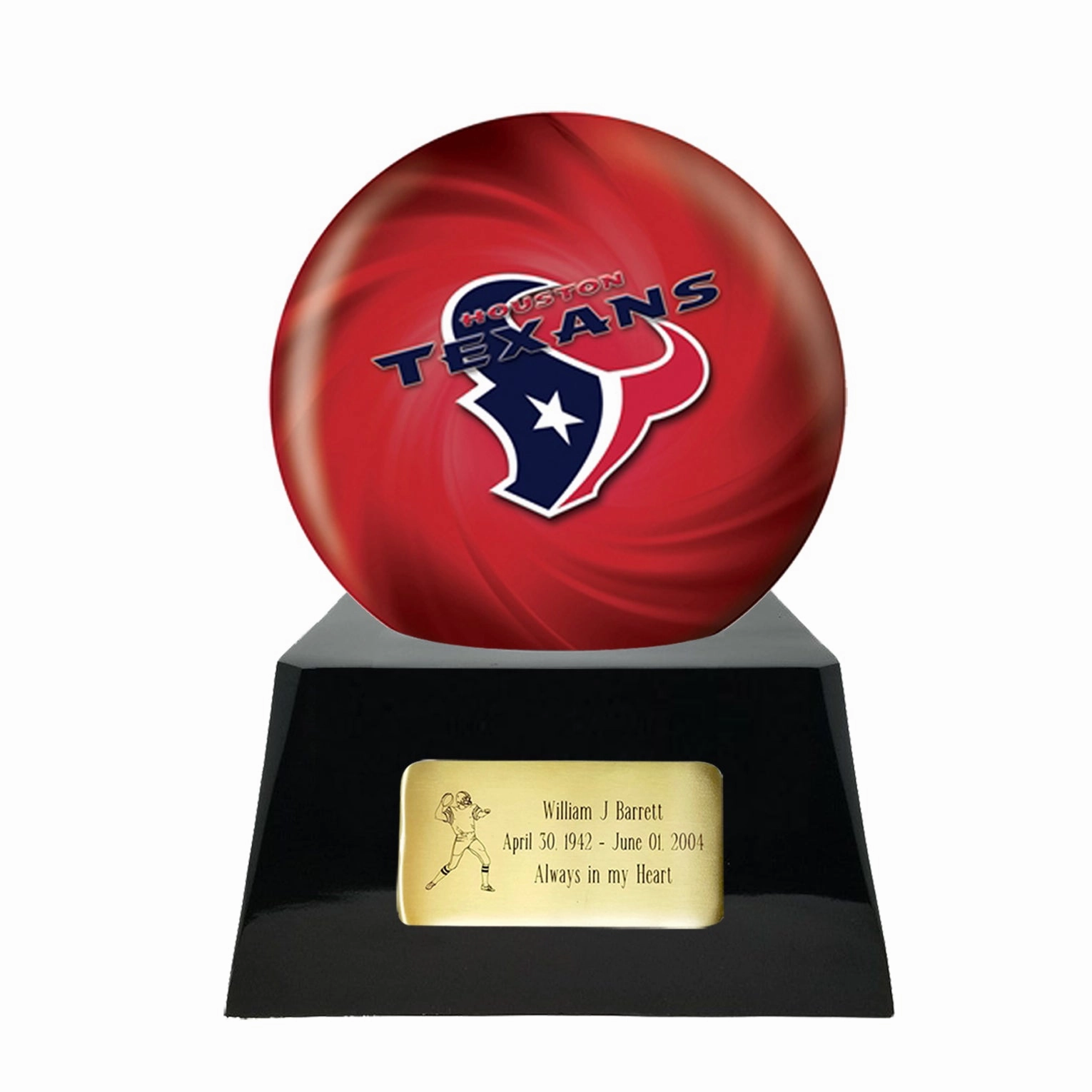 Football Cremation Urn with Optional Houston Texans Ball Decor and Custom Metal Plaque