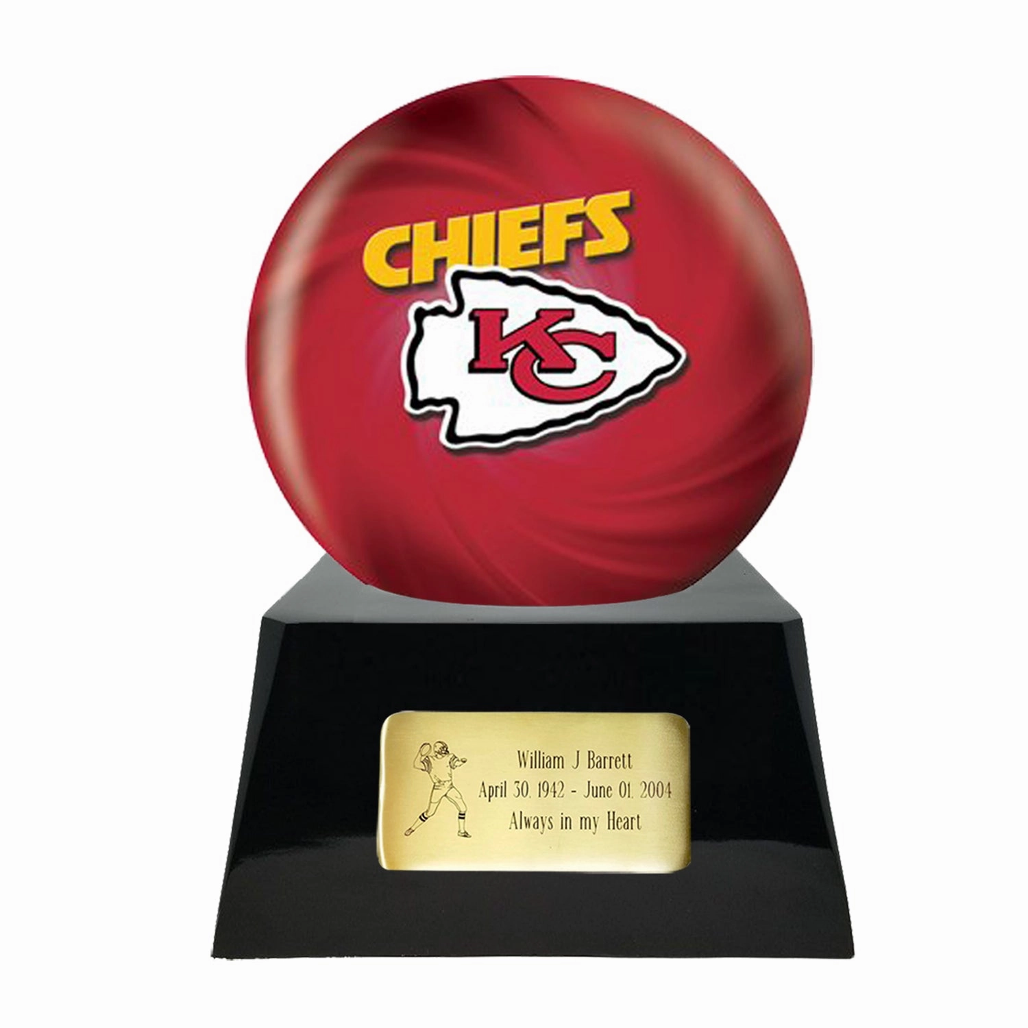 Football Cremation Urn with Optional Kansas City Chiefs Ball Decor and Custom Metal Plaque