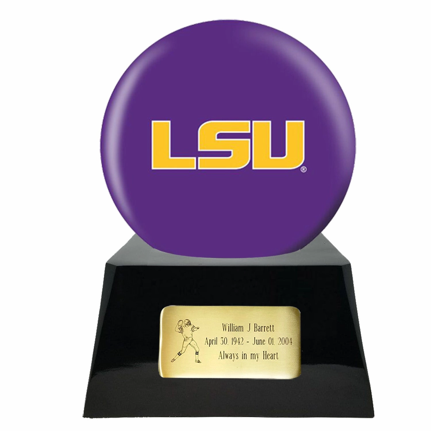 Football Cremation Urn with Optional LSU Tigers Ball Decor and Custom Metal Plaque