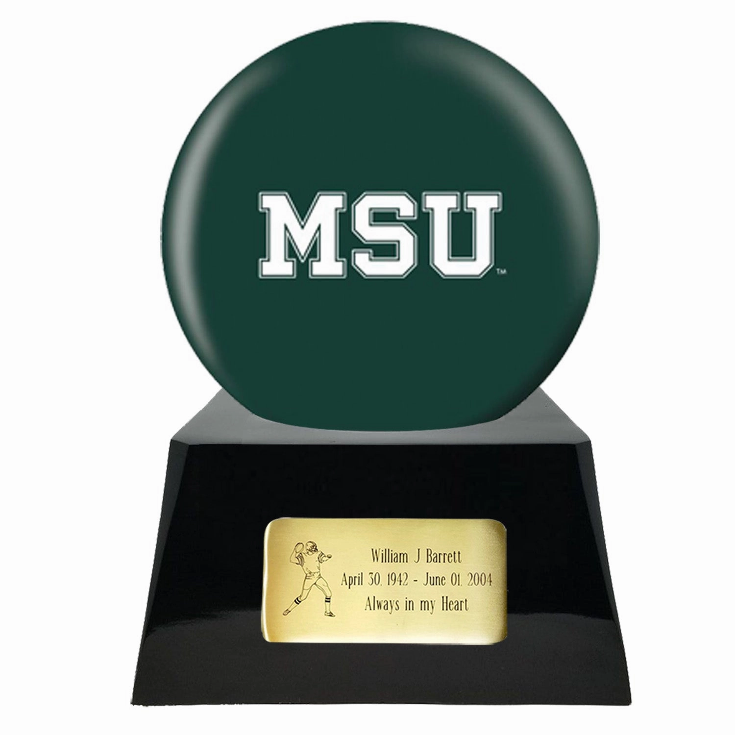 Football Cremation Urn with Optional Michigan State Spartans Ball Decor and Custom Metal Plaque