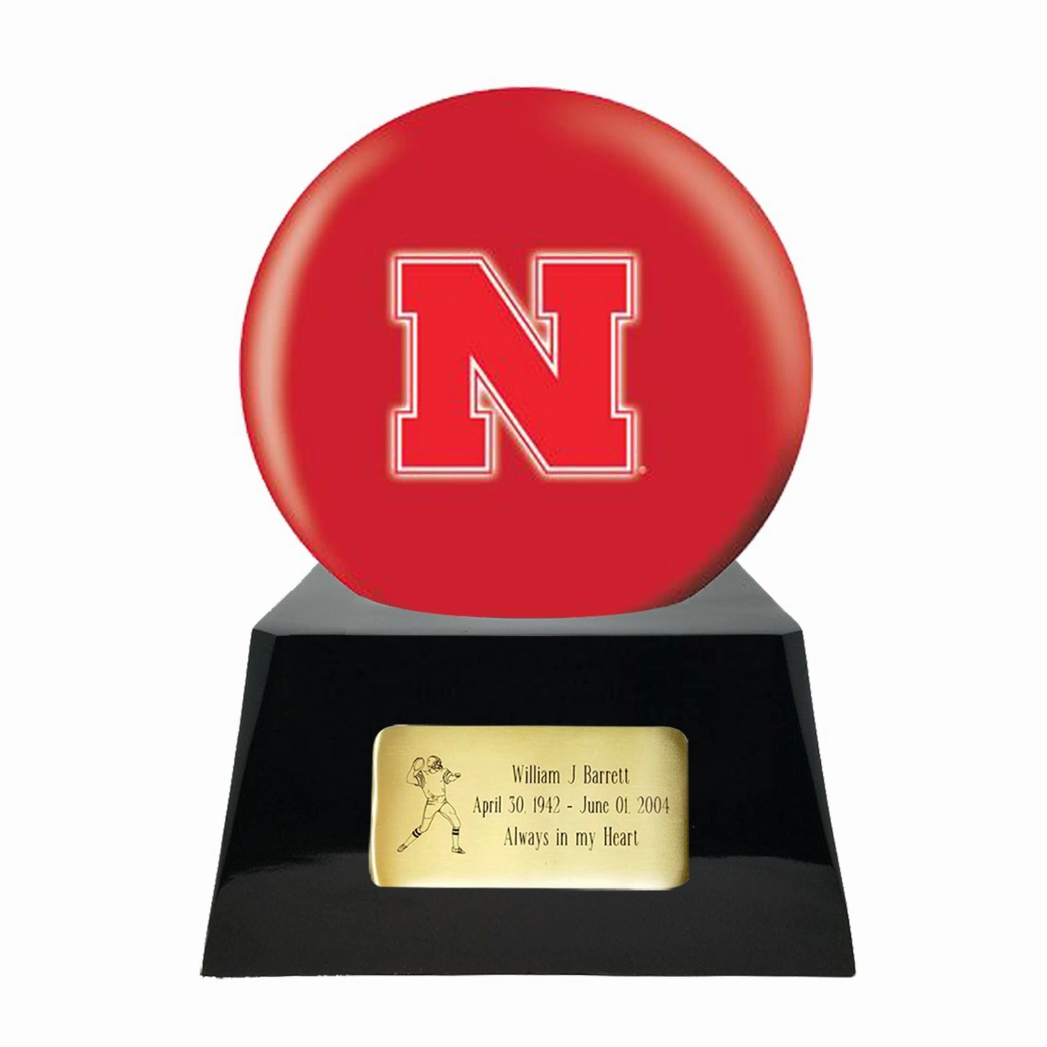 Football Cremation Urn with Optional Nebraska Cornhuskers Ball Decor and Custom Metal Plaque