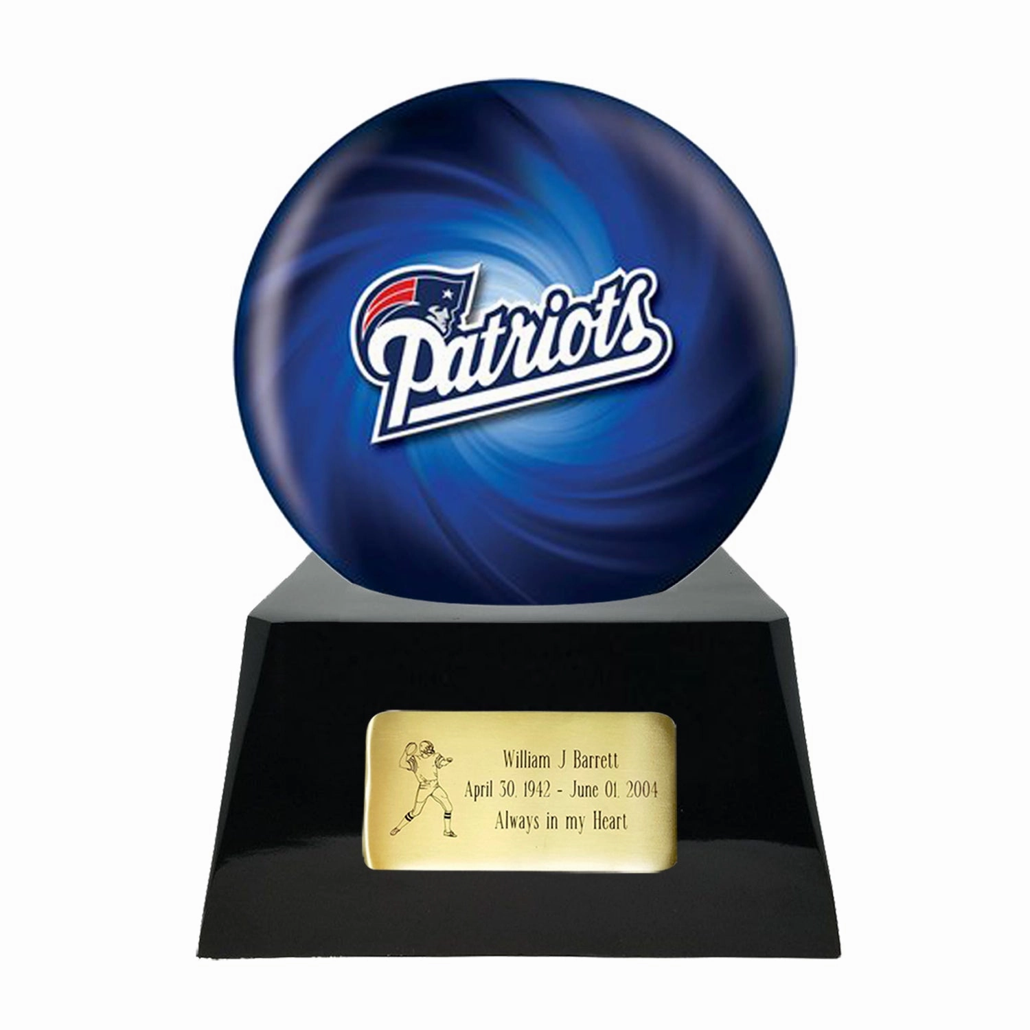 Football Cremation Urn with Optional New England Patriots Ball Decor and Custom Metal Plaque