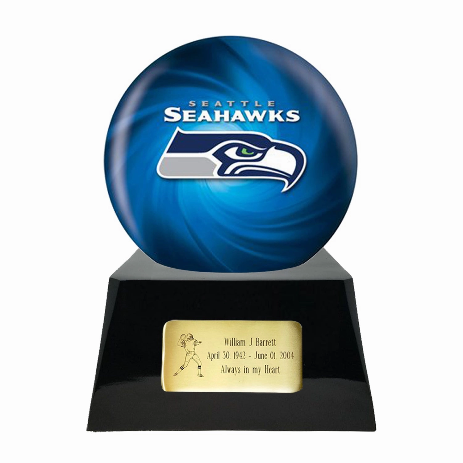 Football Cremation Urn with Optional Seattle Seahawks Ball Decor and Custom Metal Plaque