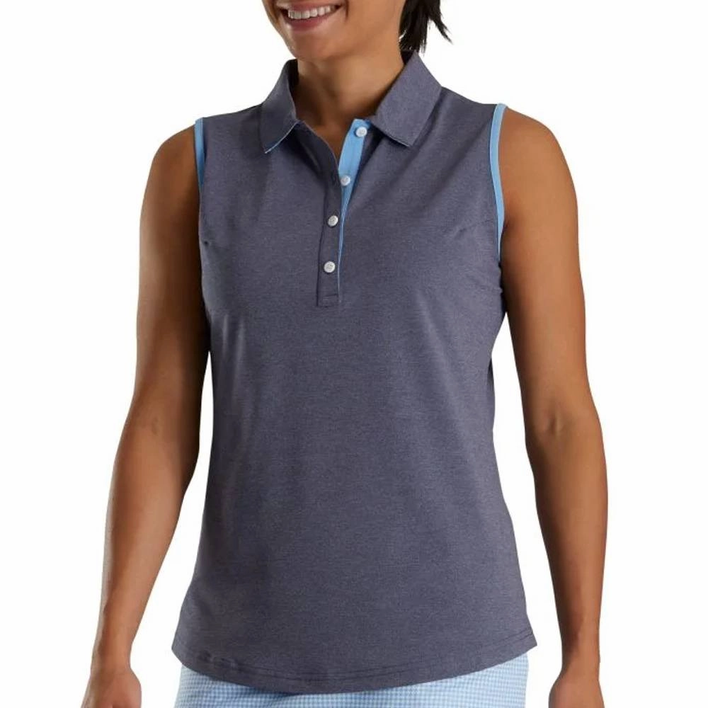FootJoy Sleeveless Houndstooth Trim Pique Golf Polo Navy Heather - SS22 Women