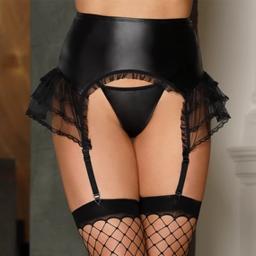 JSY Mesh Frill Wet Look Garter Belt & Fishnet Stockings