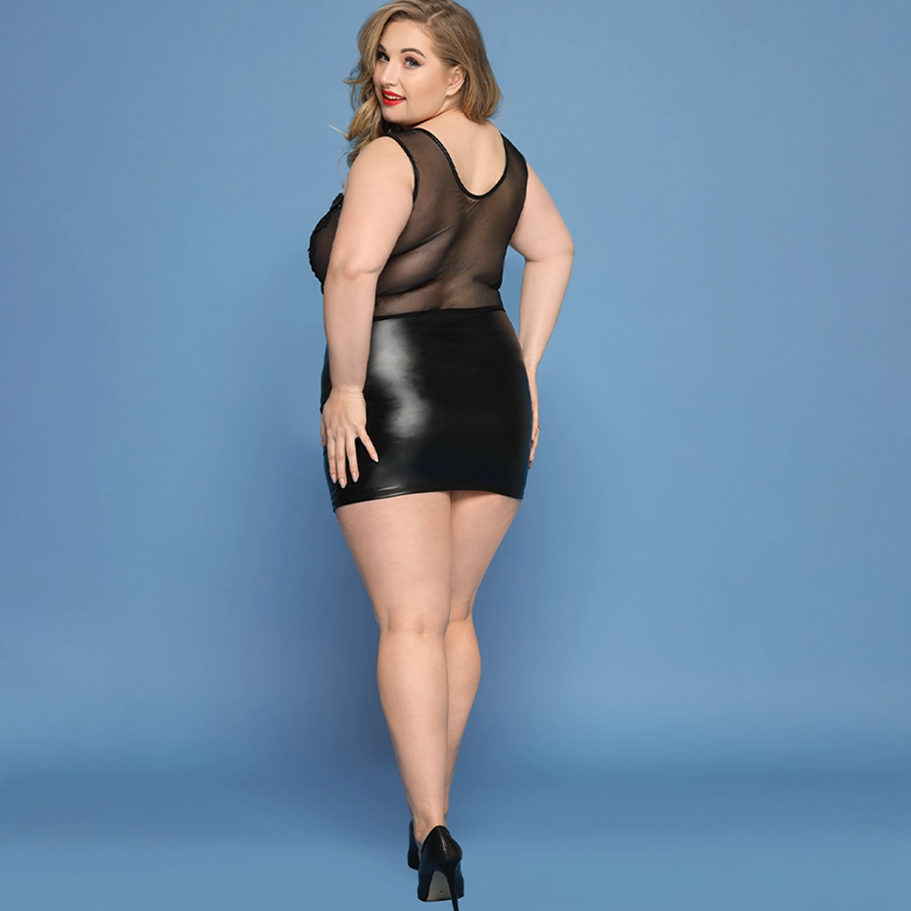 JSY Wet Look & Mesh Sequin Applique Bodycon Dress - Curvy