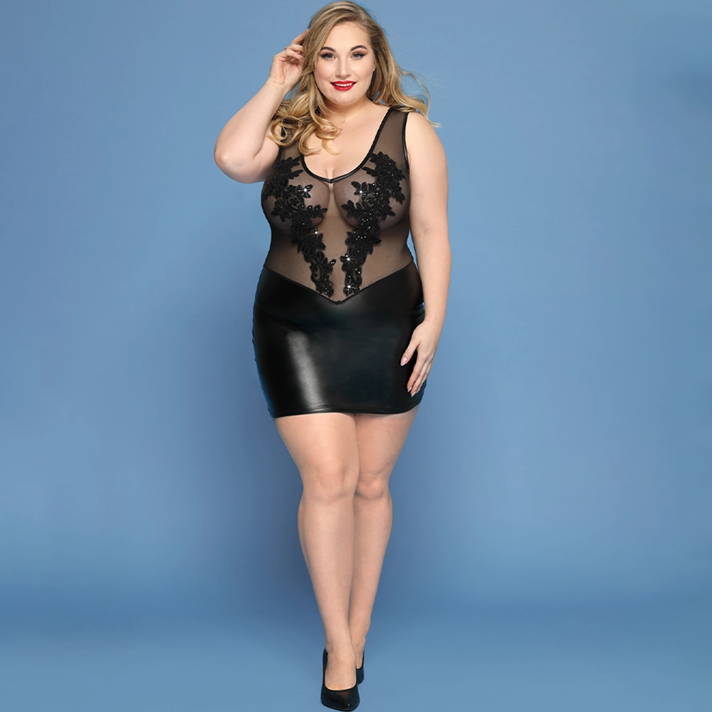 JSY Wet Look & Mesh Sequin Applique Bodycon Dress - Curvy