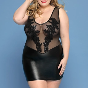 JSY Wet Look & Mesh Sequin Applique Bodycon Dress - Curvy