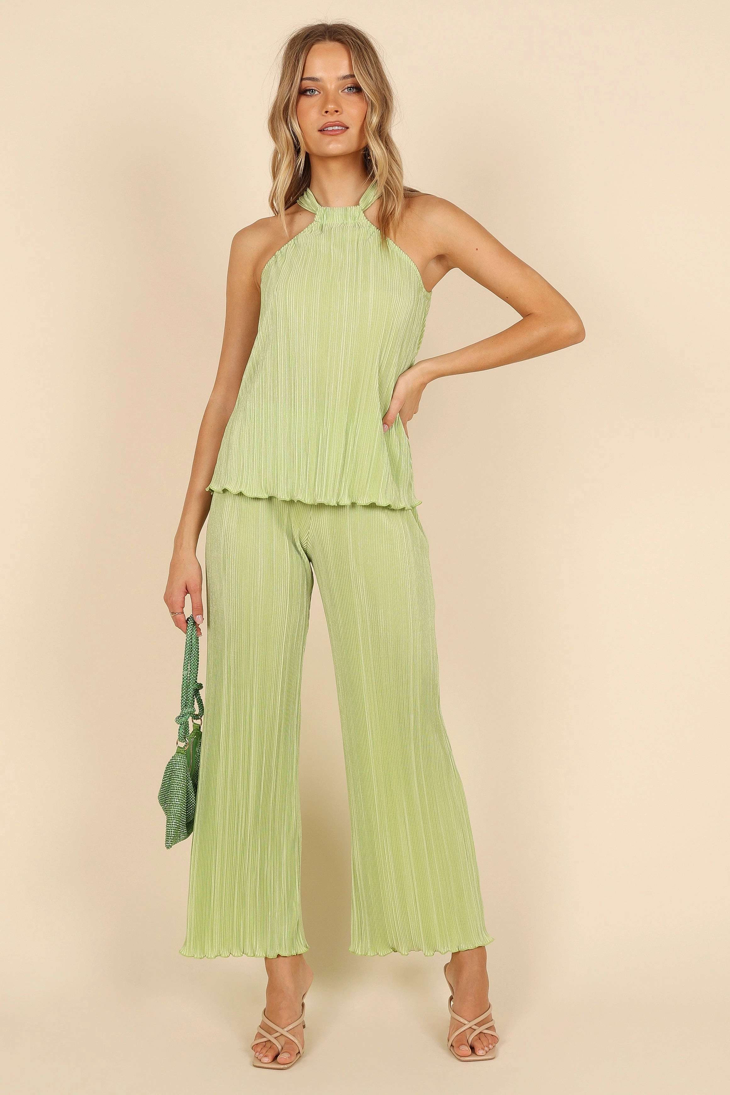 Lulu Plisse Halter Top - Lime
