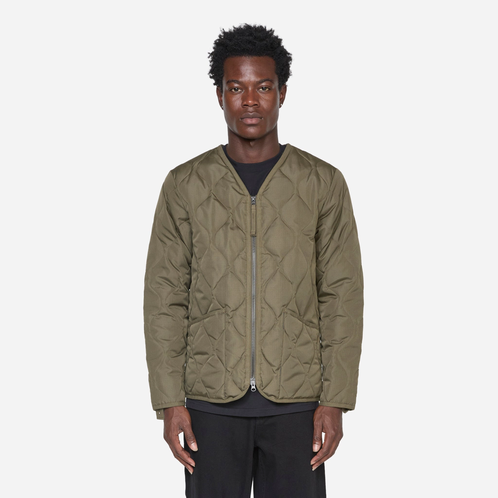 Military Zip V-Neck Down Jacket Dark Olive