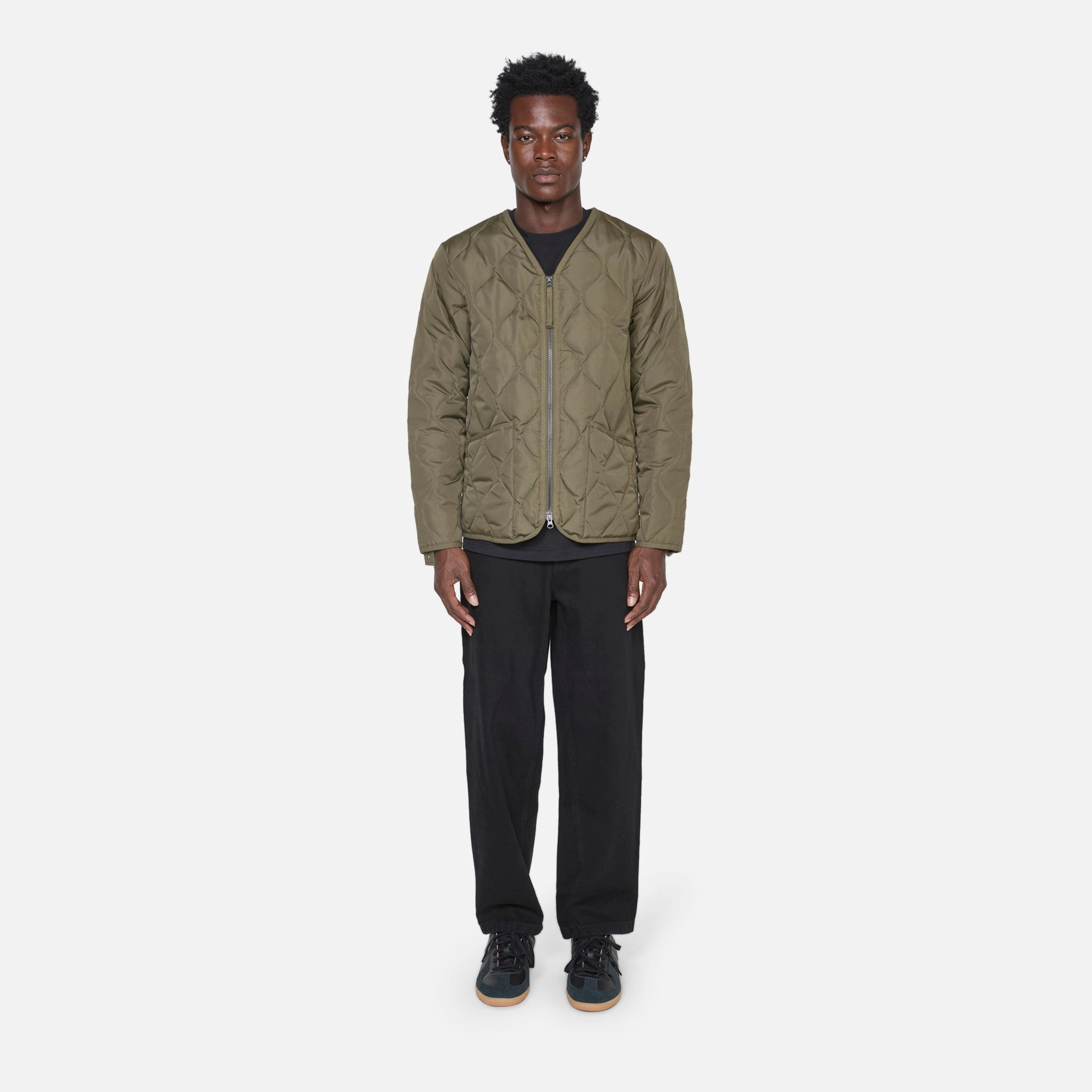 Military Zip V-Neck Down Jacket Dark Olive
