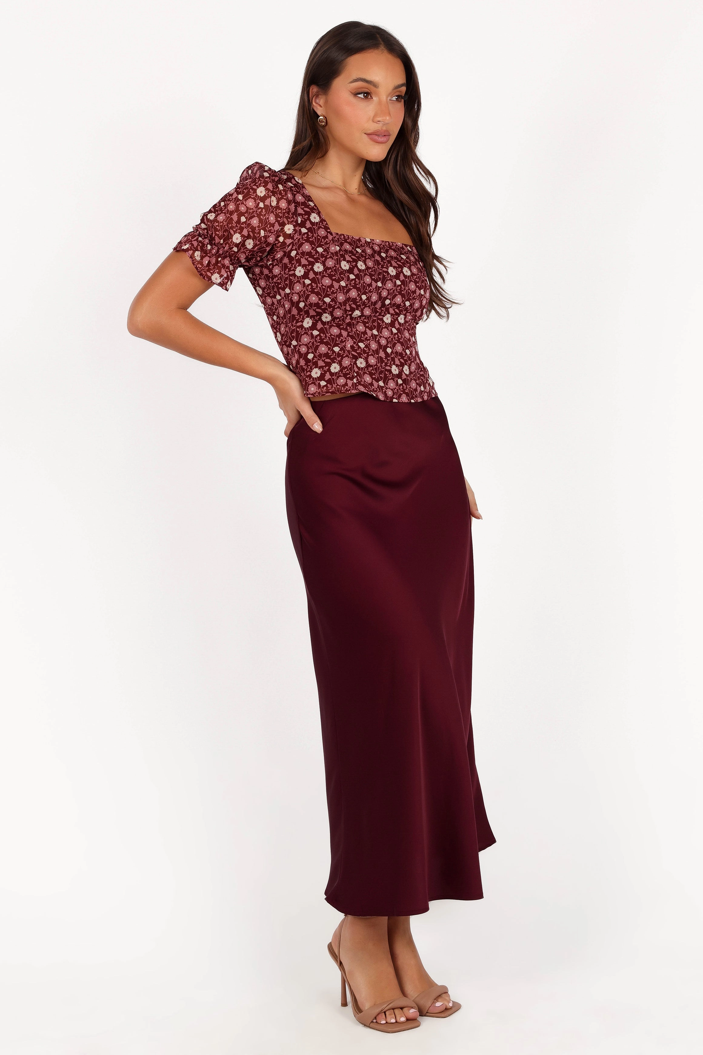 Nellie Satin Midi Skirt - Burgundy