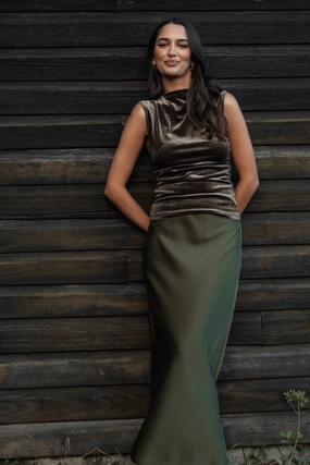 Nellie Satin Midi Skirt - Olive