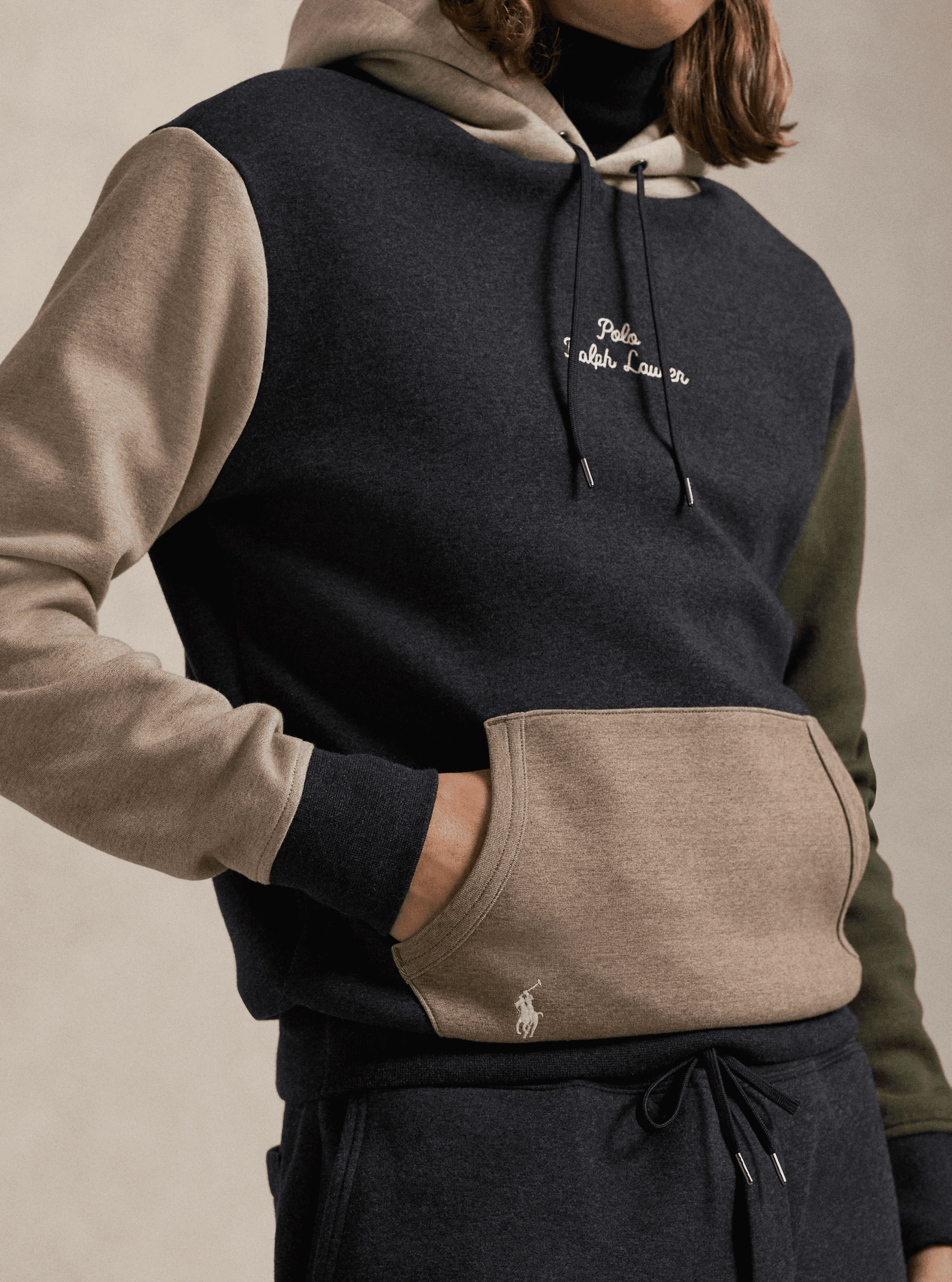 Polo Ralph LaurenLogo Color Block Double-Knit Hoodie - BLACK MARL/MULTI