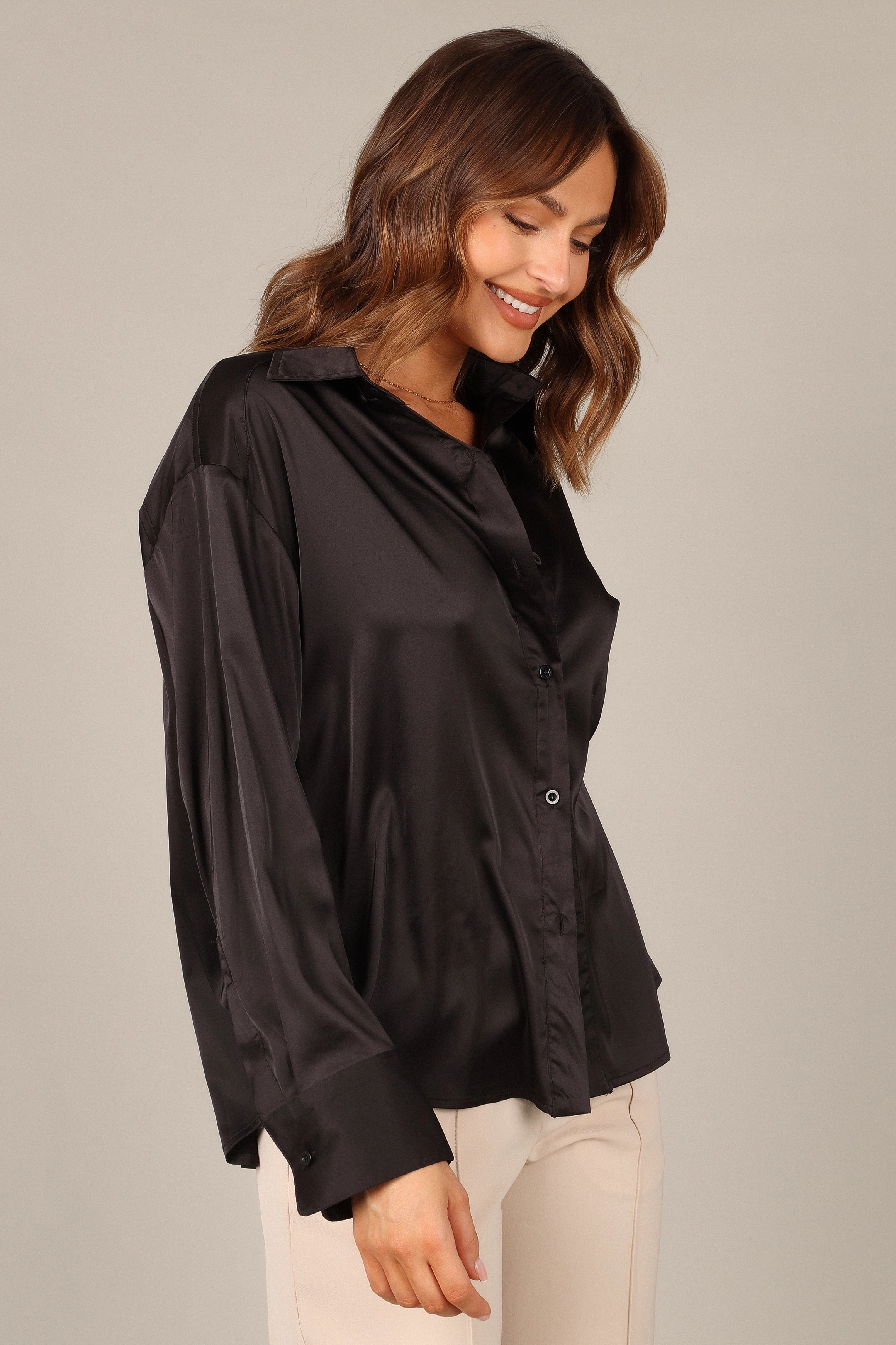 Selena Satin Button Down Top - Black