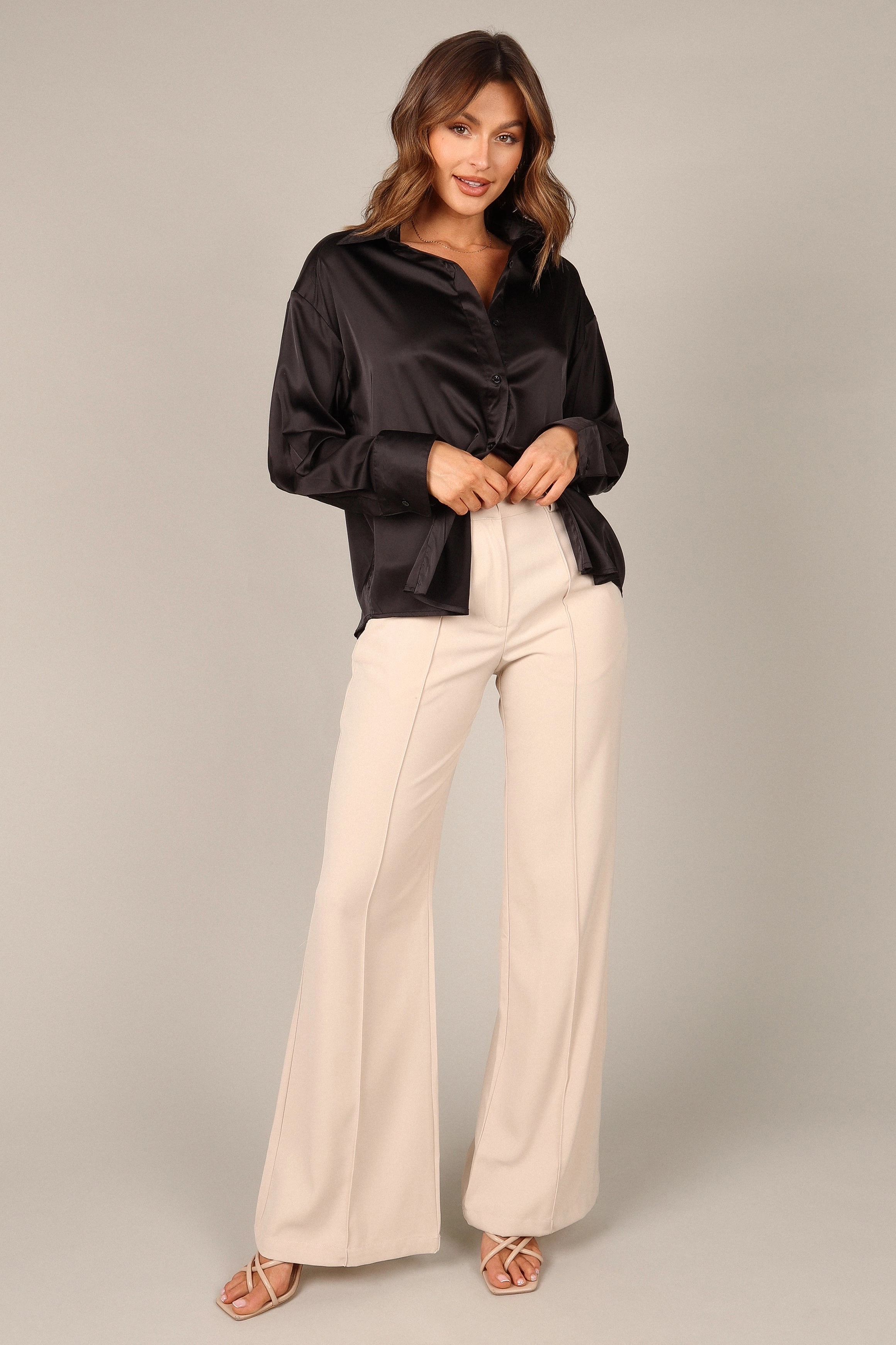 Selena Satin Button Down Top - Black