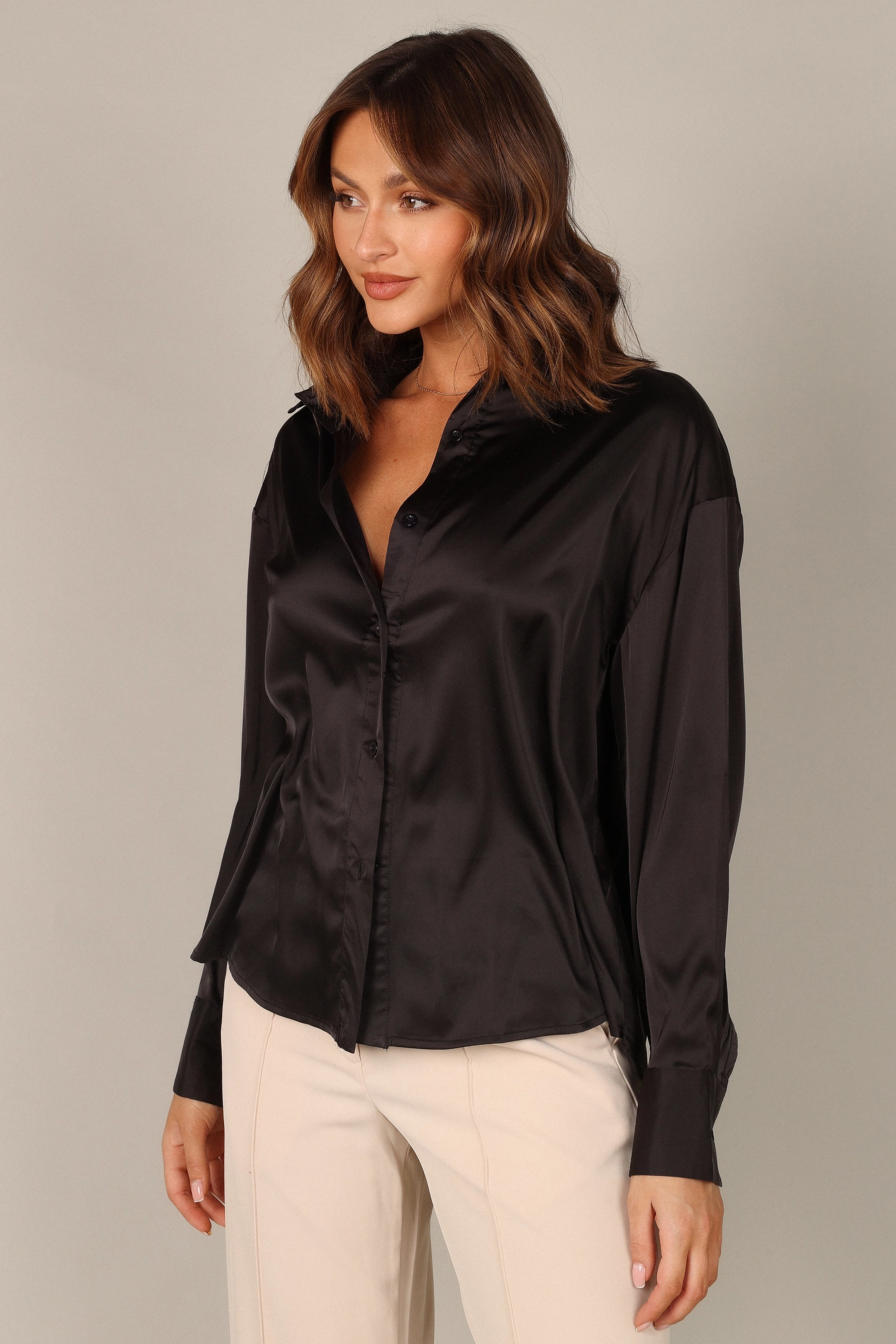 Selena Satin Button Down Top - Black