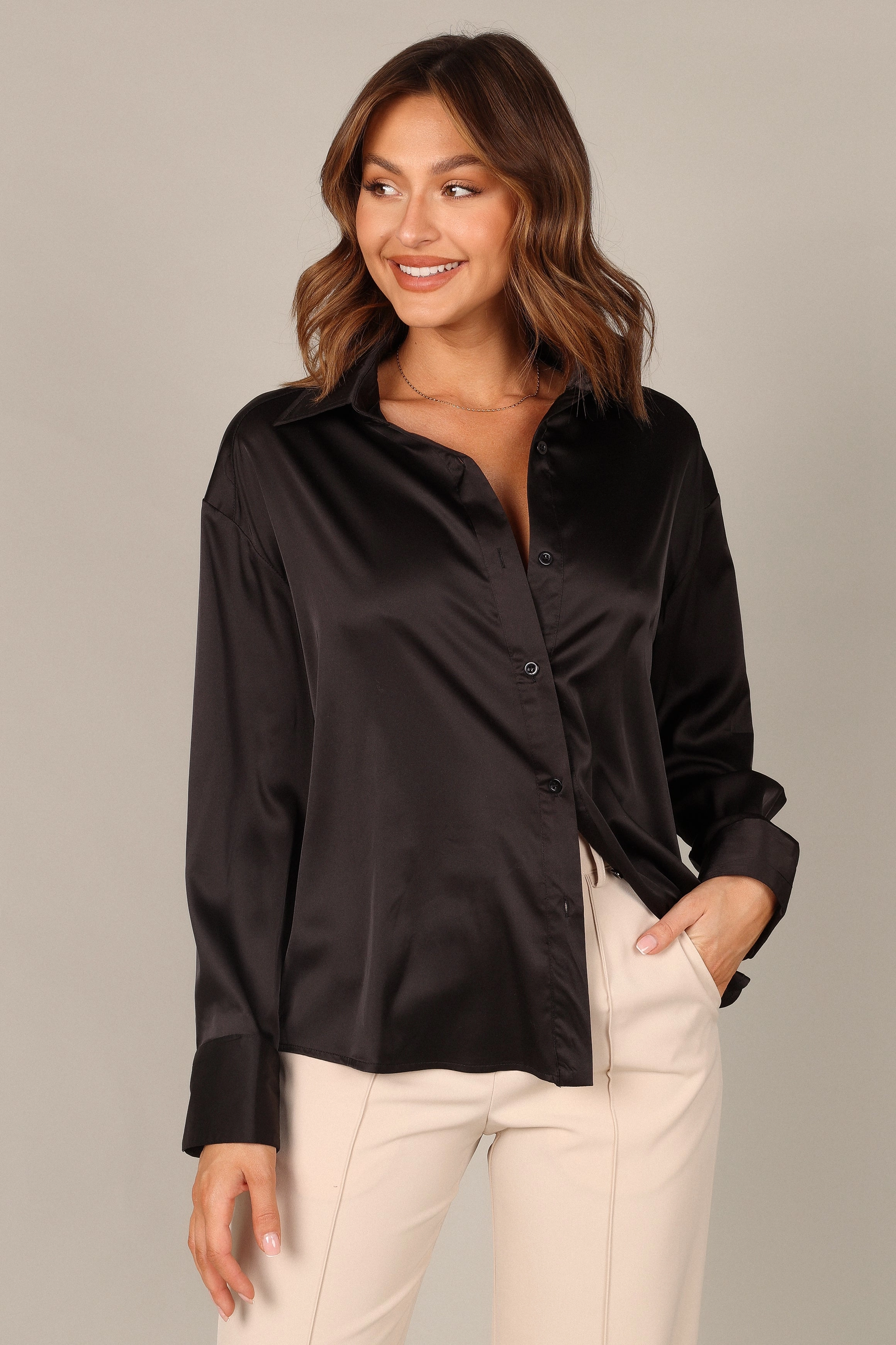 Selena Satin Button Down Top - Black