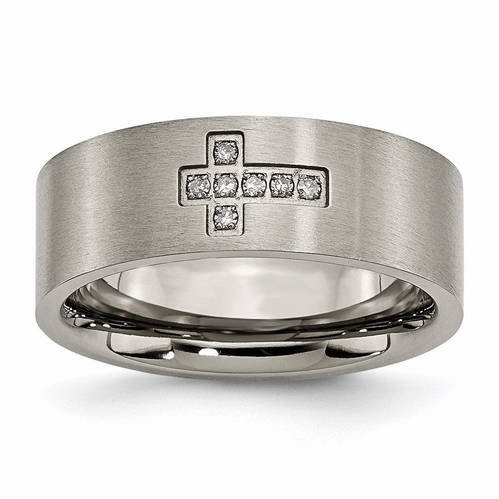 Titanium Brushed Diamond Cross Flat Band | TB444A