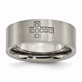 Titanium Brushed Diamond Cross Flat Band | TB444A