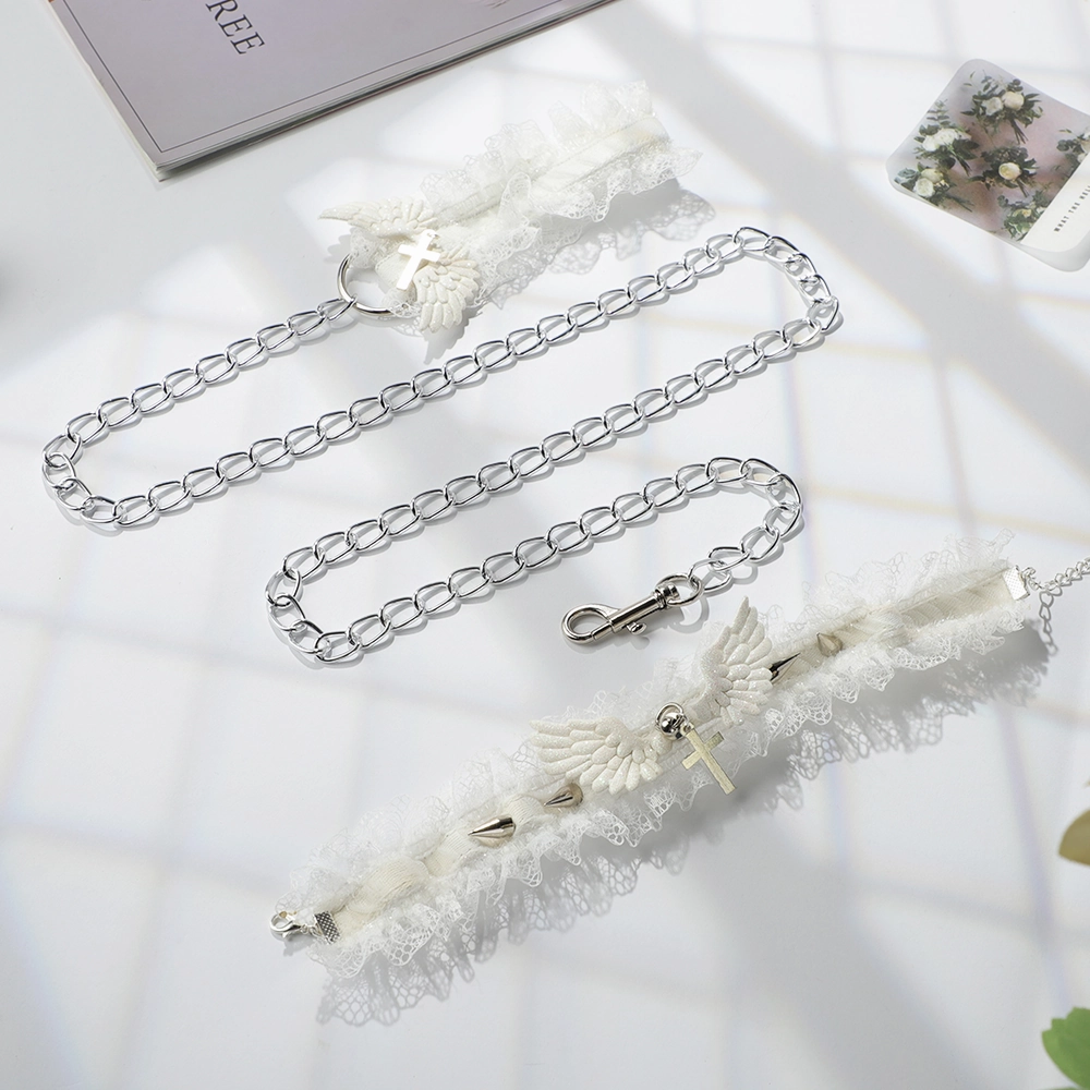 ZYL Spiked Lace Collar & Chain Leash With Winged Cross Charms