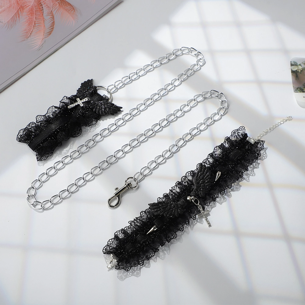 ZYL Spiked Lace Collar & Chain Leash With Winged Cross Charms
