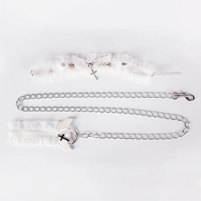 ZYL Spiked Lace Collar & Chain Leash With Winged Cross Charms